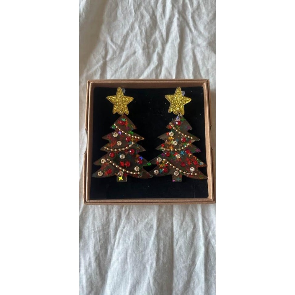 Handmade Christmas Tree Earrings Gold Glitter Star Holographic‎ Confetti Kitsch